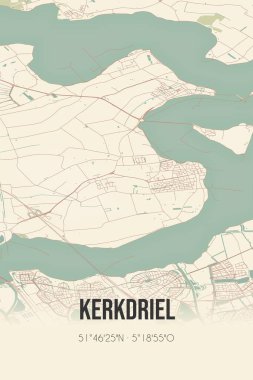 Kerkdriel, Gelderland, Betuwe region vintage street map. Retro Dutch city plan.