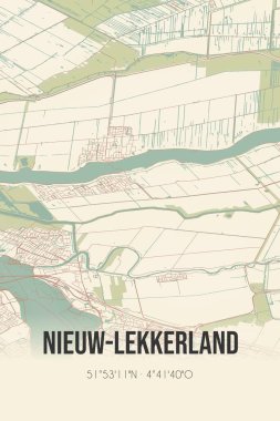 Nieuw-Lekkerland, Zuid-Holland klasik sokak haritası. Retro Hollanda şehir planı.