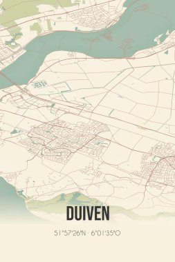 Duiven, Gelderland, Rivierenland bölgesi klasik sokak haritası. Retro Hollanda şehir planı.