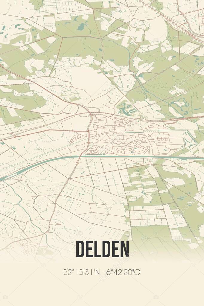Delden, Overijssel, Twente region vintage street map. Retro Dutch city plan.