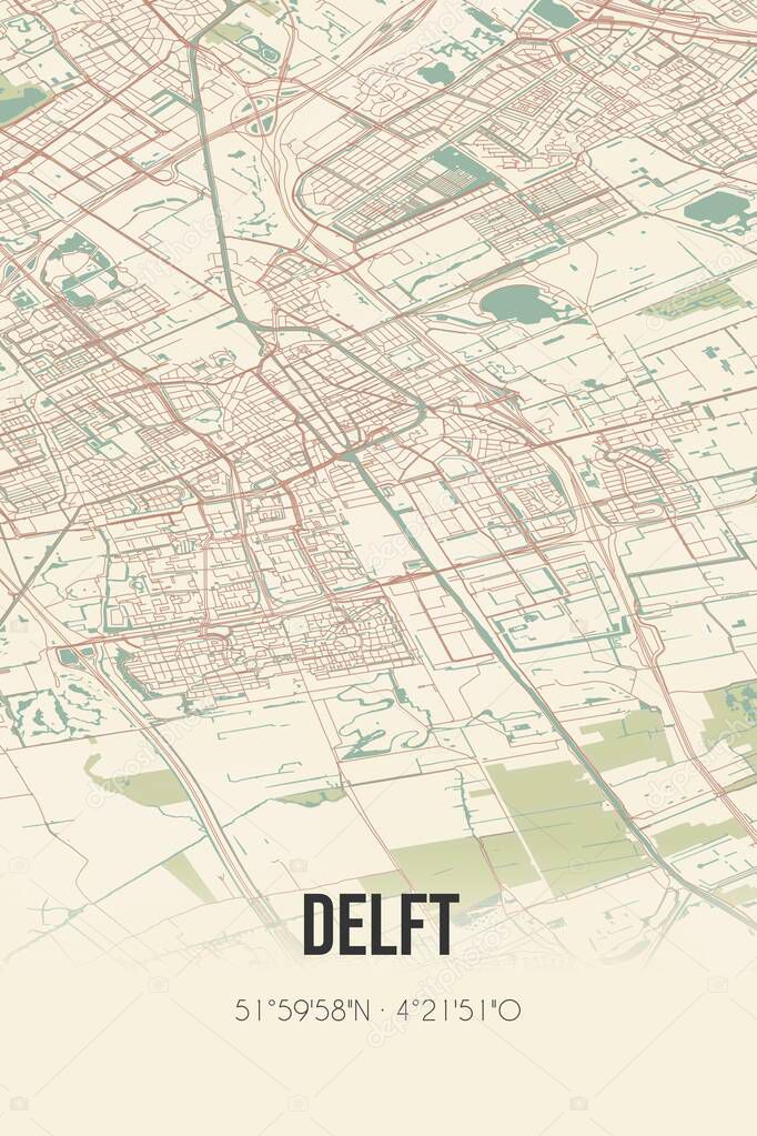 Delft, Zuid-Holland, Randstad region vintage street map. Retro Dutch city plan.