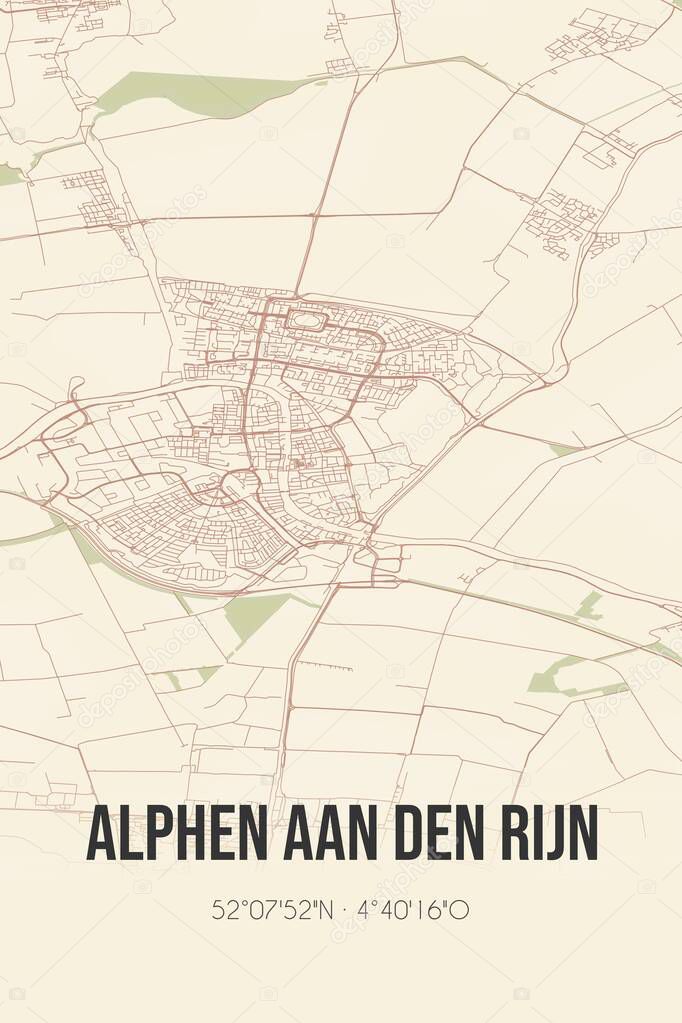 Alphen aan den Rijn, Zuid-Holland vintage street map. Retro Dutch city plan.