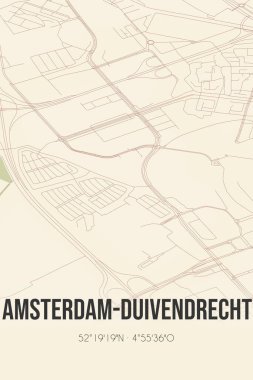 Retro Dutch city map of Amsterdam-Duivendrecht located in Noord-Holland. Vintage street map.