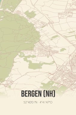 Retro Dutch city map of Bergen (NH) located in Noord-Holland. Vintage street map.