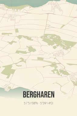 Retro Dutch city map of Bergharen located in Gelderland. Vintage street map.