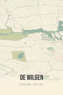 Retro Dutch city map of De Wilgen located in Fryslan. Vintage street map.