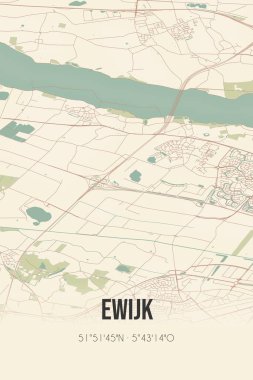 Retro Dutch city map of Ewijk located in Gelderland. Vintage street map.