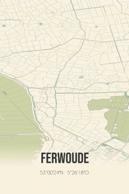 Retro Dutch city map of Ferwoude located in Fryslan. Vintage street map.