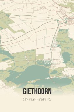 Retro Dutch city map of Giethoorn located in Overijssel. Vintage street map.