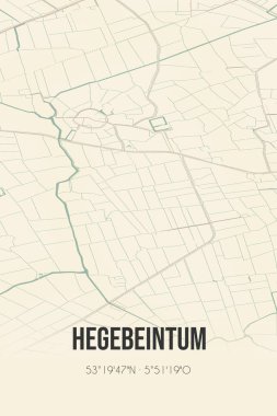 Retro Dutch city map of Hegebeintum located in Fryslan. Vintage street map.
