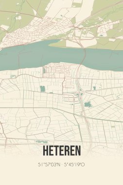Retro Dutch city map of Heteren located in Gelderland. Vintage street map.