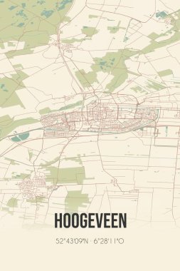 Retro Dutch city map of Hoogeveen located in Drenthe. Vintage street map.