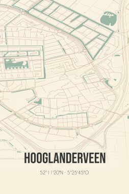 Retro Dutch city map of Hooglanderveen located in Utrecht. Vintage street map.