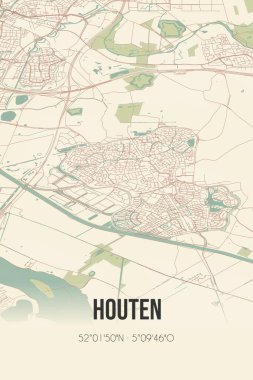 Retro Dutch city map of Houten located in Utrecht. Vintage street map.