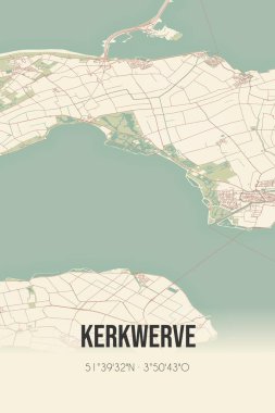 Retro Dutch city map of Kerkwerve located in Zeeland. Vintage street map.