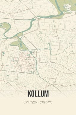 Retro Dutch city map of Kollum located in Fryslan. Vintage street map.