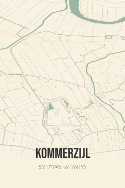 Retro Dutch city map of Kommerzijl located in Groningen. Vintage street map.