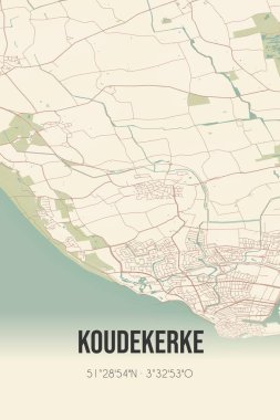 Retro Dutch city map of Koudekerke located in Zeeland. Vintage street map.