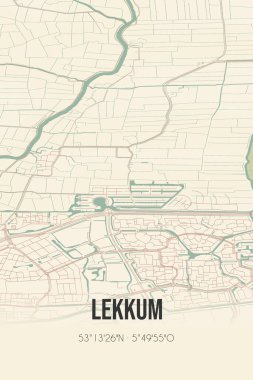 Retro Dutch city map of Lekkum located in Fryslan. Vintage street map.