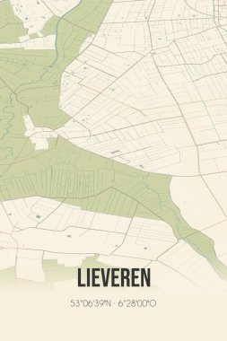 Retro Dutch city map of Lieveren located in Drenthe. Vintage street map.
