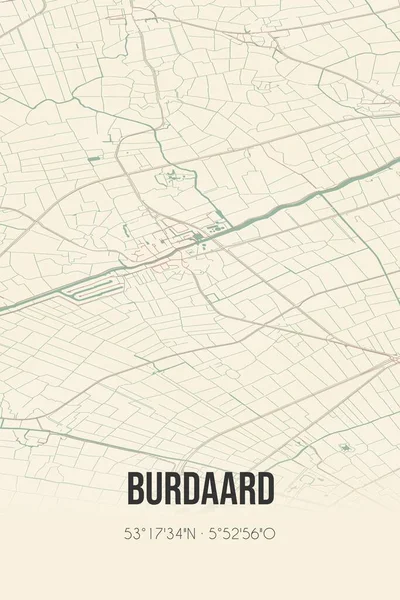 Retro Dutch city map of Burdaard located in Fryslan. Vintage street map.