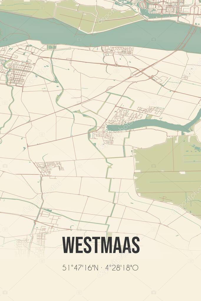 Retro Dutch city map of Westmaas located in Zuid-Holland. Vintage street map.