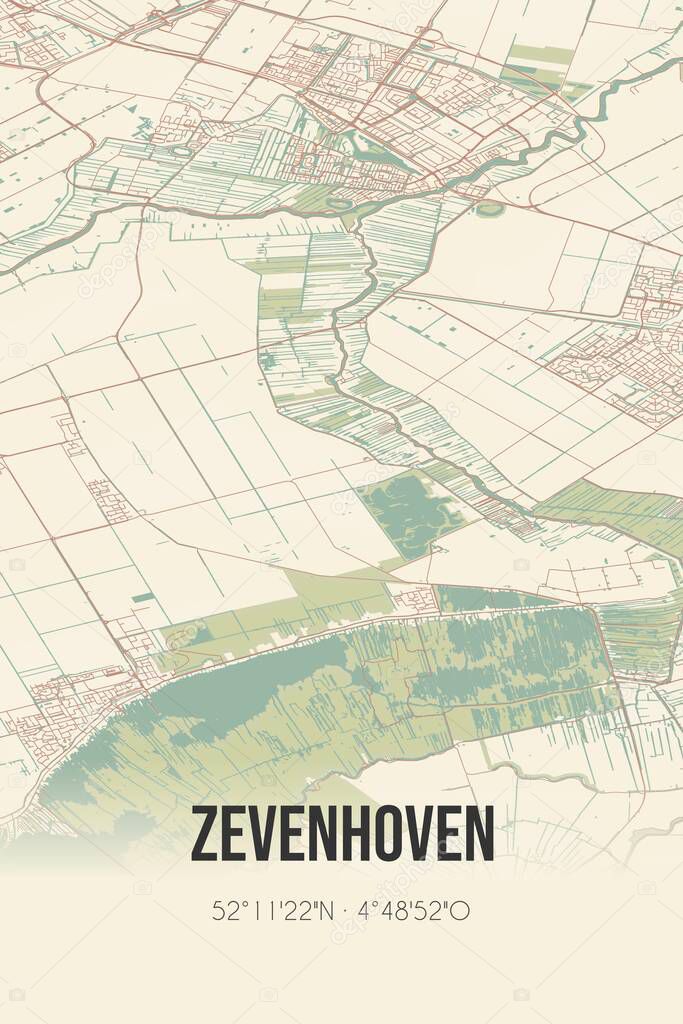 Retro Dutch city map of Zevenhoven located in Zuid-Holland. Vintage street map.