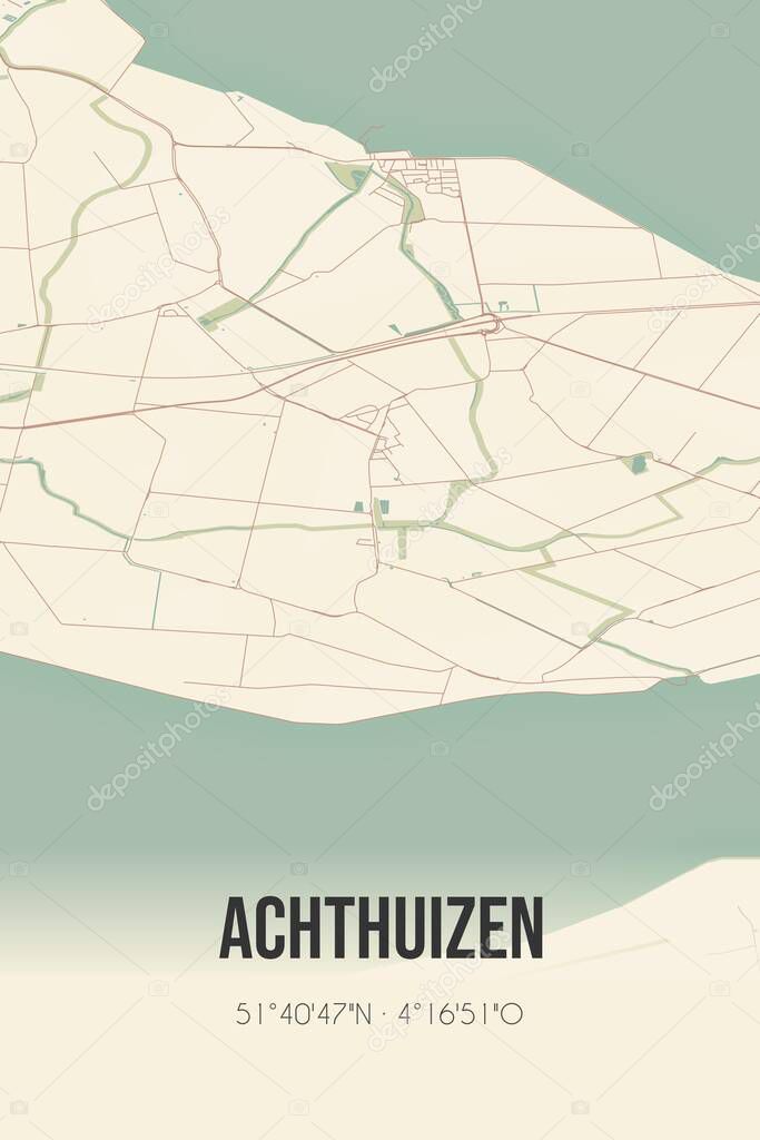 Retro Dutch city map of Achthuizen located in Zuid-Holland. Vintage street map.