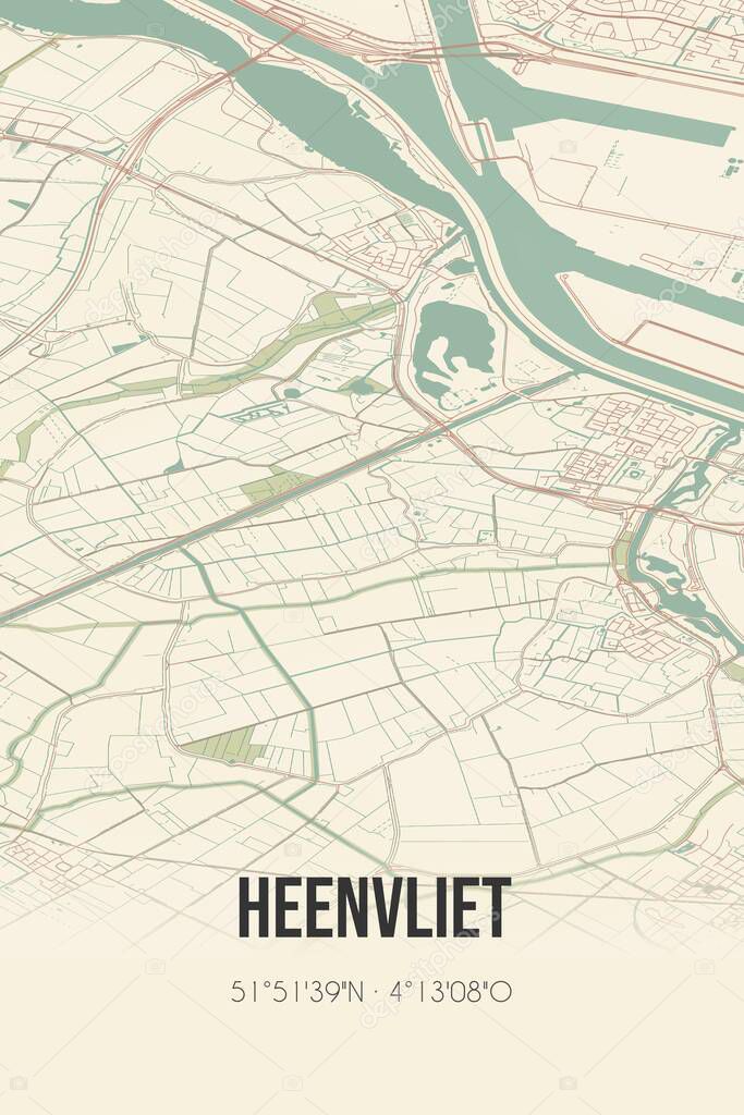 Retro Dutch city map of Heenvliet located in Zuid-Holland. Vintage street map.
