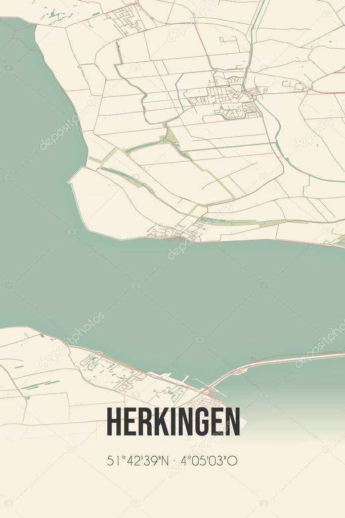 Retro Dutch city map of Herkingen located in Zuid-Holland. Vintage street map.