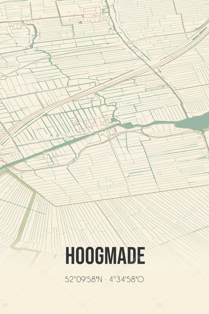 Retro Dutch city map of Hoogmade located in Zuid-Holland. Vintage street map.