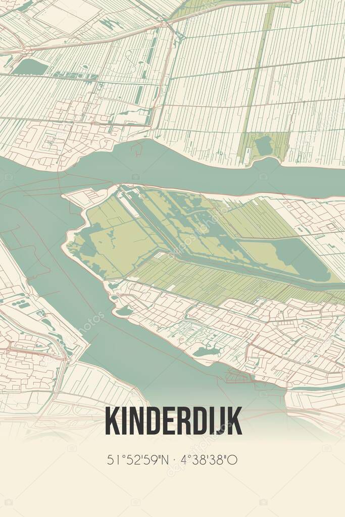 Retro Dutch city map of Kinderdijk located in Zuid-Holland. Vintage street map.