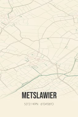 Retro Dutch city map of Metslawier located in Fryslan. Vintage street map.