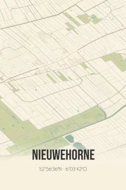 Retro Dutch city map of Nieuwehorne located in Fryslan. Vintage street map.