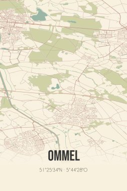 Retro Dutch city map of Ommel located in Noord-Brabant. Vintage street map.
