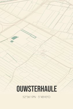 Retro Dutch city map of Ouwsterhaule located in Fryslan. Vintage street map.