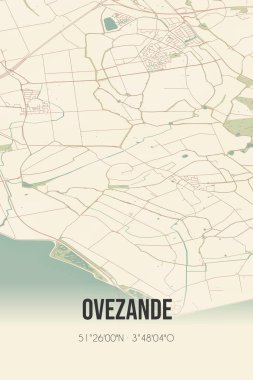 Retro Dutch city map of Ovezande located in Zeeland. Vintage street map.