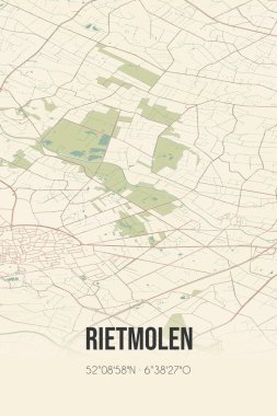 Retro Dutch city map of Rietmolen located in Gelderland. Vintage street map.