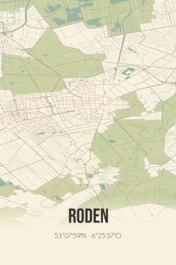 Retro Dutch city map of Roden located in Drenthe. Vintage street map.