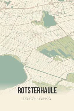 Retro Dutch city map of Rotsterhaule located in Fryslan. Vintage street map.