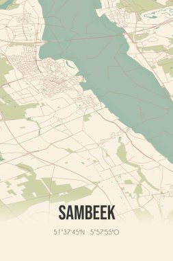 Retro Dutch city map of Sambeek located in Noord-Brabant. Vintage street map.