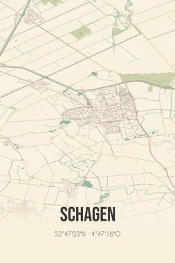Retro Dutch city map of Schagen located in Noord-Holland. Vintage street map.