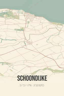 Retro Dutch city map of Schoondijke located in Zeeland. Vintage street map.