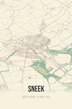 Retro Dutch city map of Sneek located in Fryslan. Vintage street map.