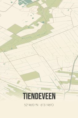Retro Dutch city map of Tiendeveen located in Drenthe. Vintage street map.