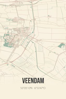 Retro Dutch city map of Veendam located in Groningen. Vintage street map.