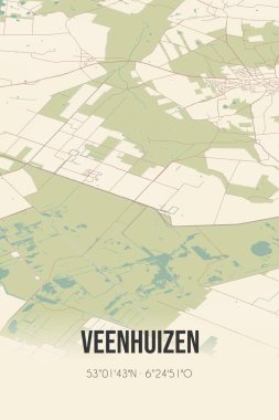 Retro Dutch city map of Veenhuizen located in Drenthe. Vintage street map.