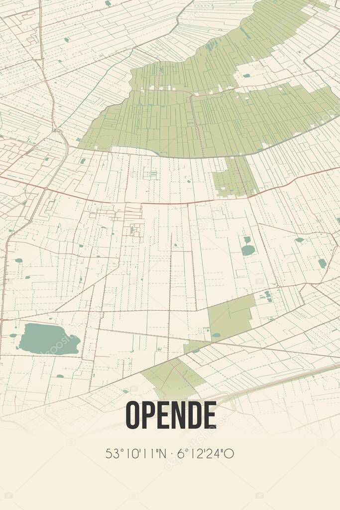 Retro Dutch city map of Opende located in Groningen. Vintage street map.