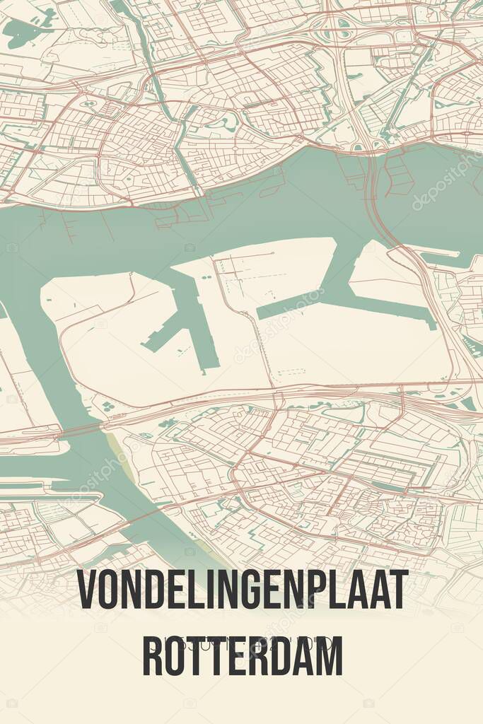 Retro Dutch city map of Vondelingenplaat Rotterdam located in Zuid-Holland. Vintage street map.