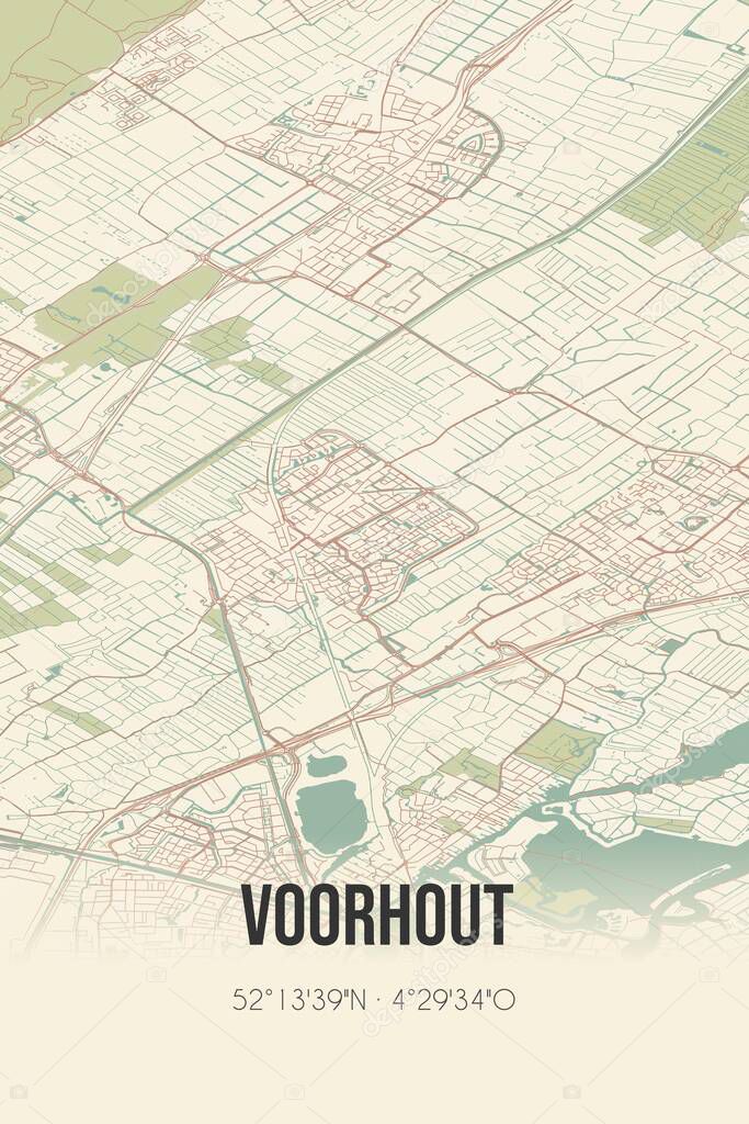 Retro Dutch city map of Voorhout located in Zuid-Holland. Vintage street map.